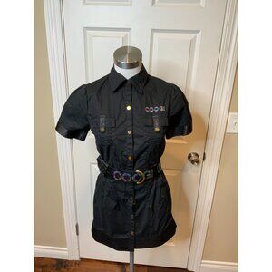 COOGI Black Mini Short Sleeve Jewel Belted Logo Shirt Dress, Size Small